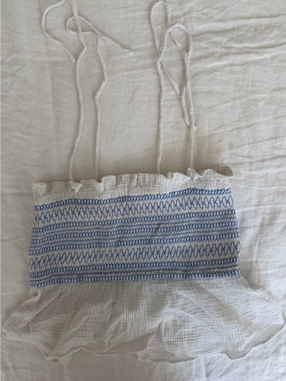 Free People White and Blue Smocked Ruffle Tank Top with Shoulder Ties